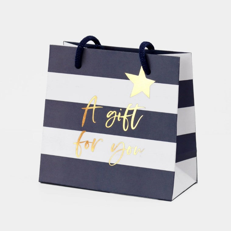 Navy and white striped Belly Button small gift bag with rope handles, tag and 'A gift for you' gold text and star