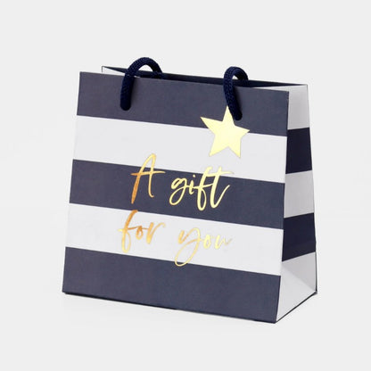 Navy and white striped Belly Button small gift bag with rope handles, tag and 'A gift for you' gold text and star