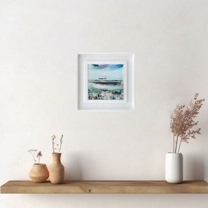 A ceramic tile print of a colourful painting titled 'Spring Days', showing a small house nestled in the Scottish Highlands, available mounted on natural slate or framed.