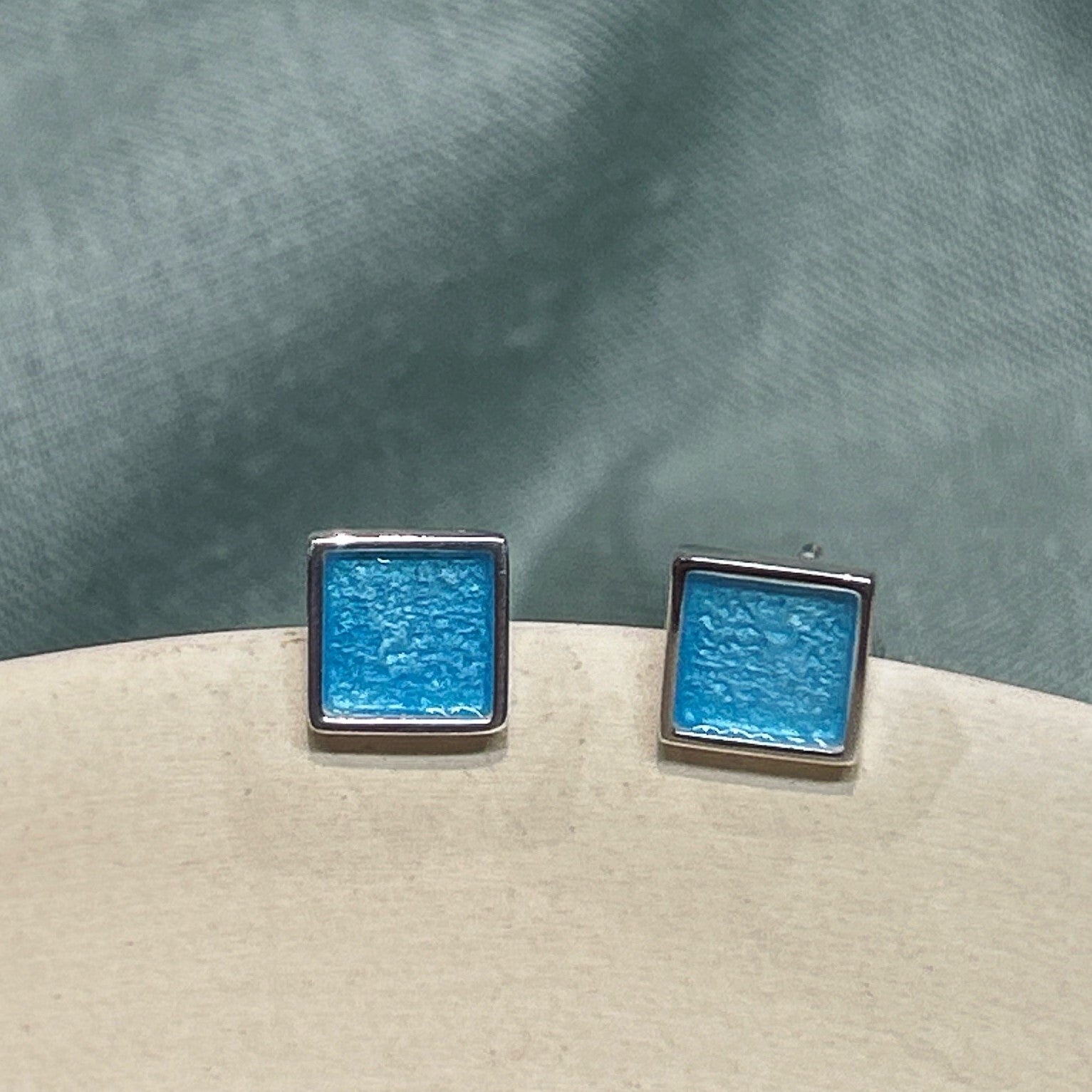 Square enamel stud earrings handmade Dundee silver jewellery
