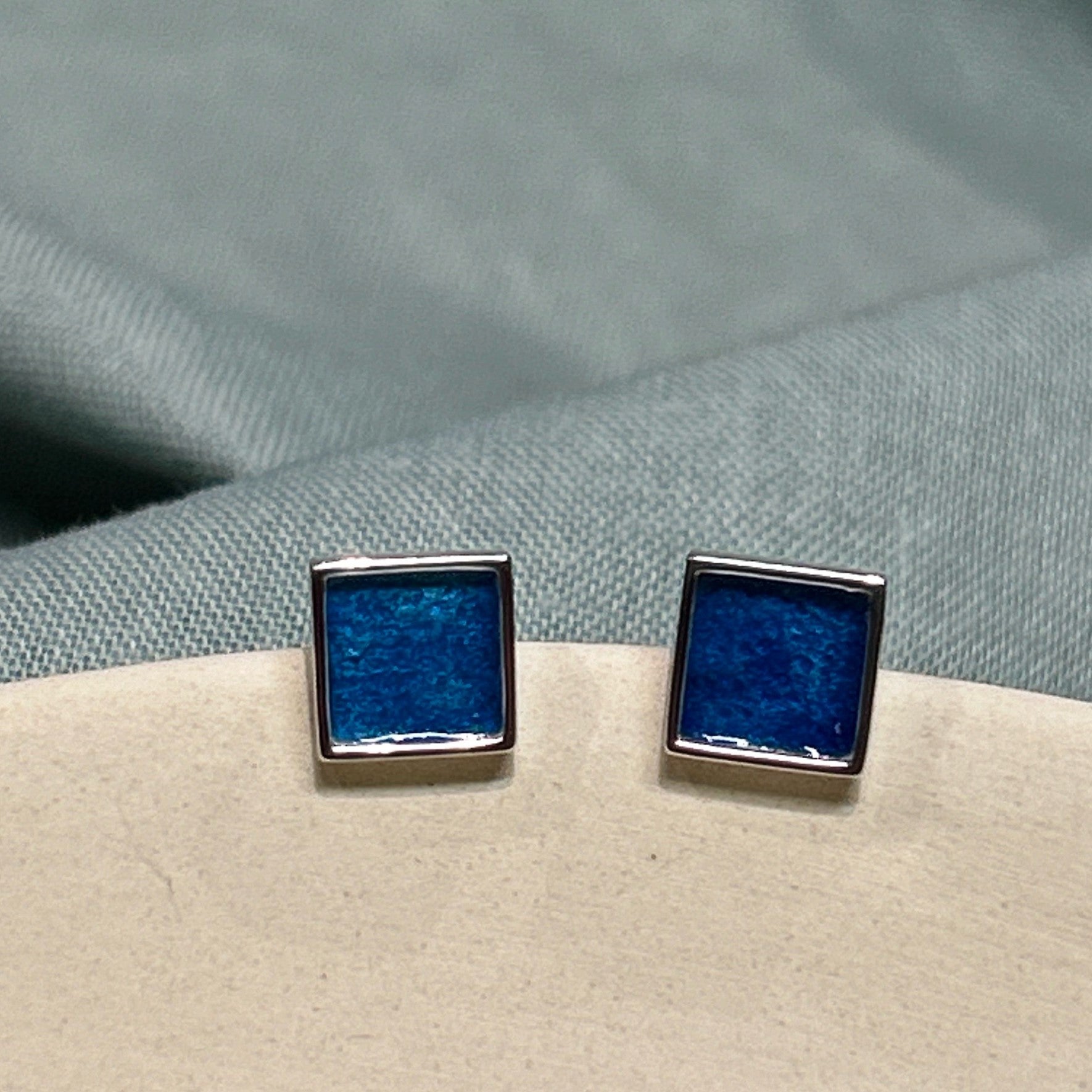 Square enamel stud earrings handmade Dundee silver jewellery
