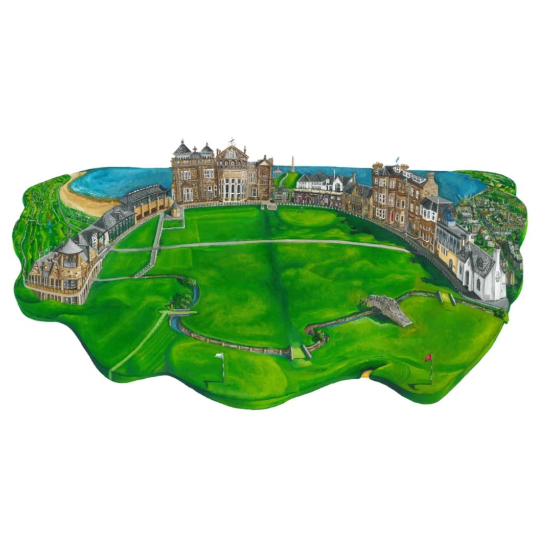 A3 signed giclee print of St Andrews Old Course Golf Course and surrounding buildings by Scottish artist Nicola Kleppang.