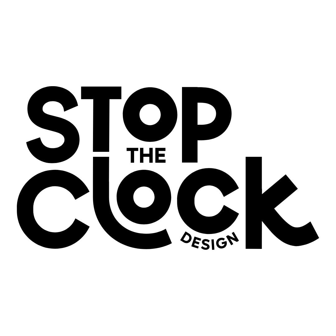 Black text 'STOP THE CLOCK DESIGN' on a white background