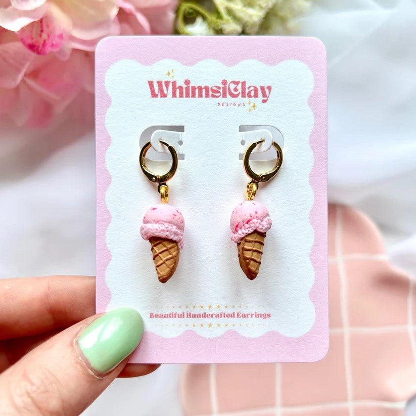 Playful polymer clay strawberry ice cream earrings with gold-plated hoops, lightweight and colourful for summer style or gifting