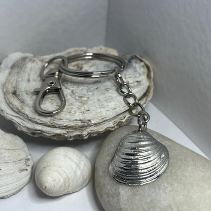 Pewter shell keyring handmade in Scotland cast from real shells gift bag