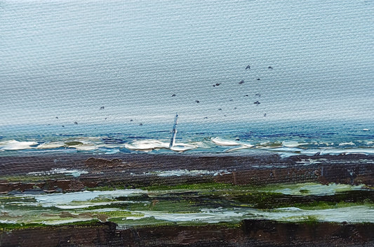 Take Off Carnoustie Beach oil painting birds taking off from rocks by Paula Deas