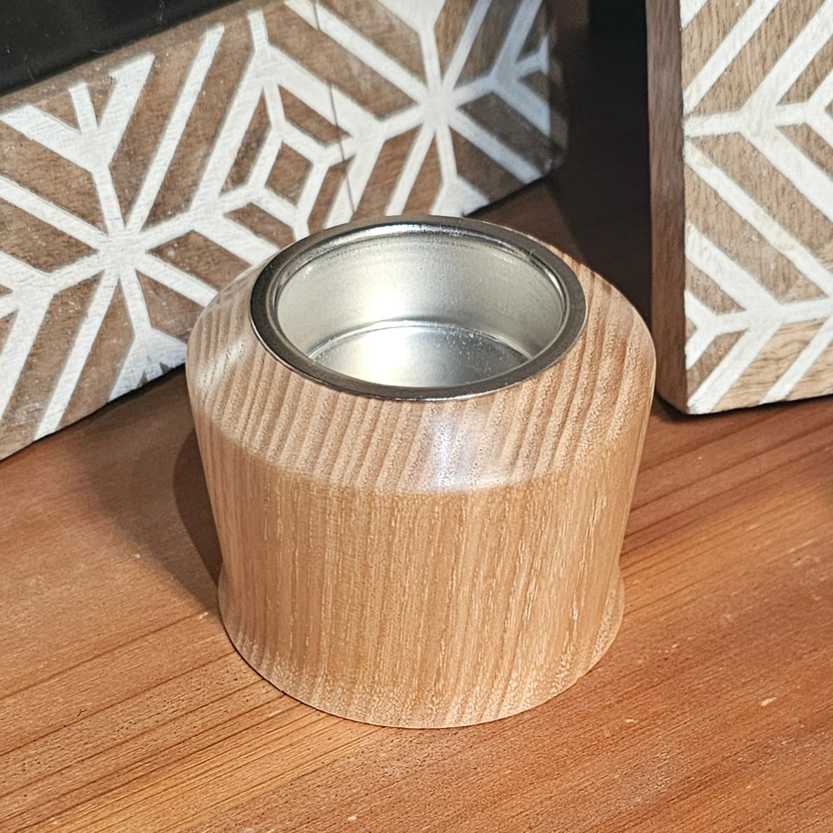Wooden tealight holders with silver centre handmade in Carnoustie