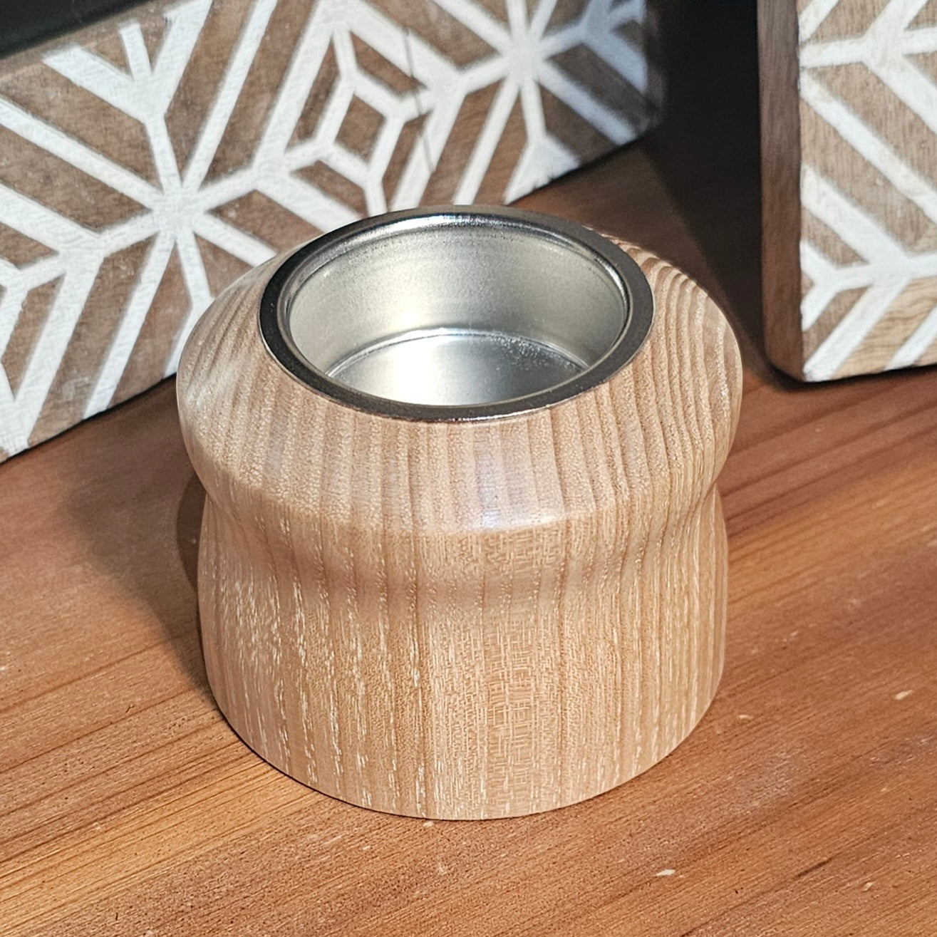 Wooden tealight holders with silver centre handmade in Carnoustie