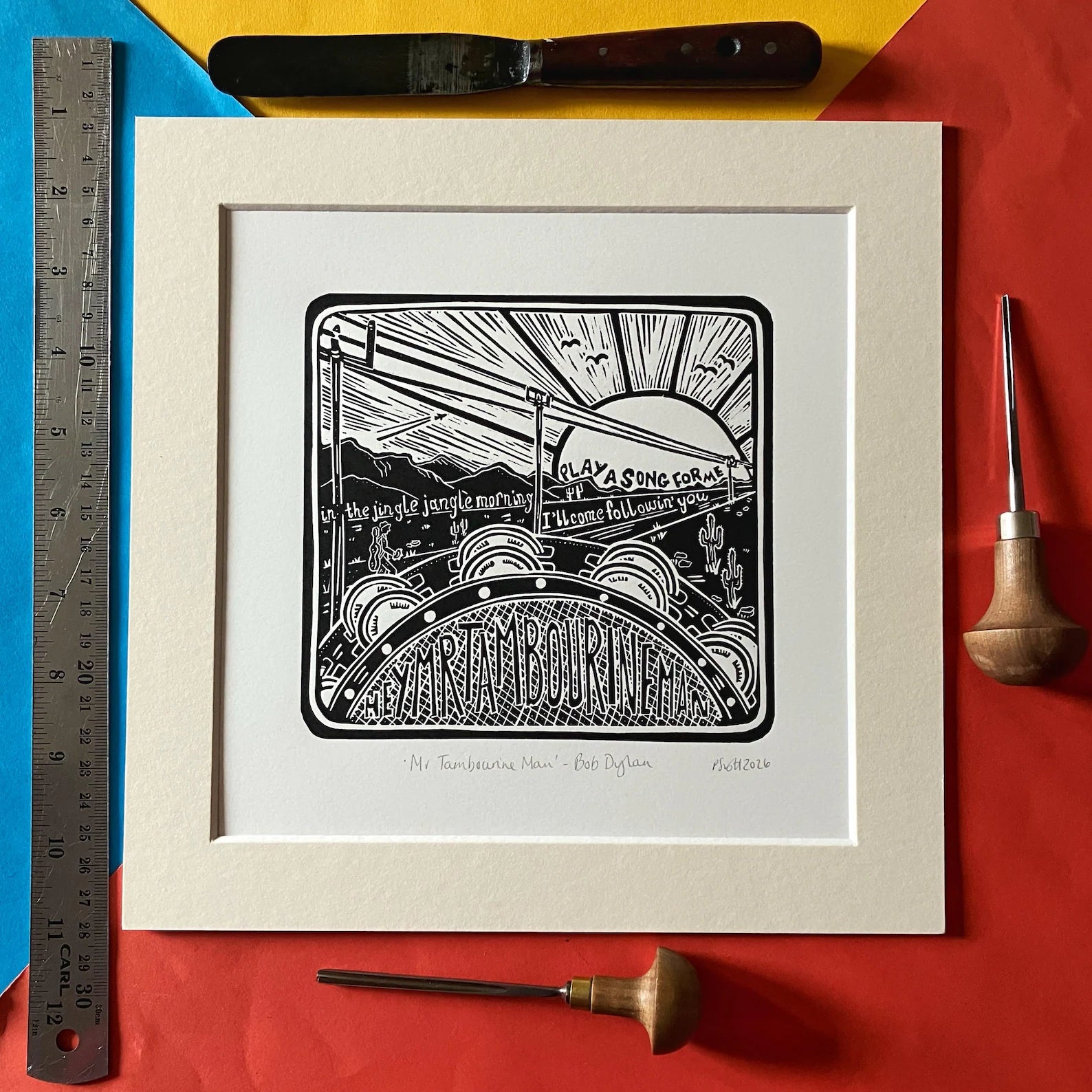 Mr Tambourine Man original linocut print by Pamela Scott inspired by the Bob Dylan song, signed and mounted