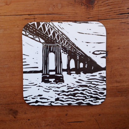 Hardwood coaster with BeeBirds Tay Rail Bridge lino print artwork