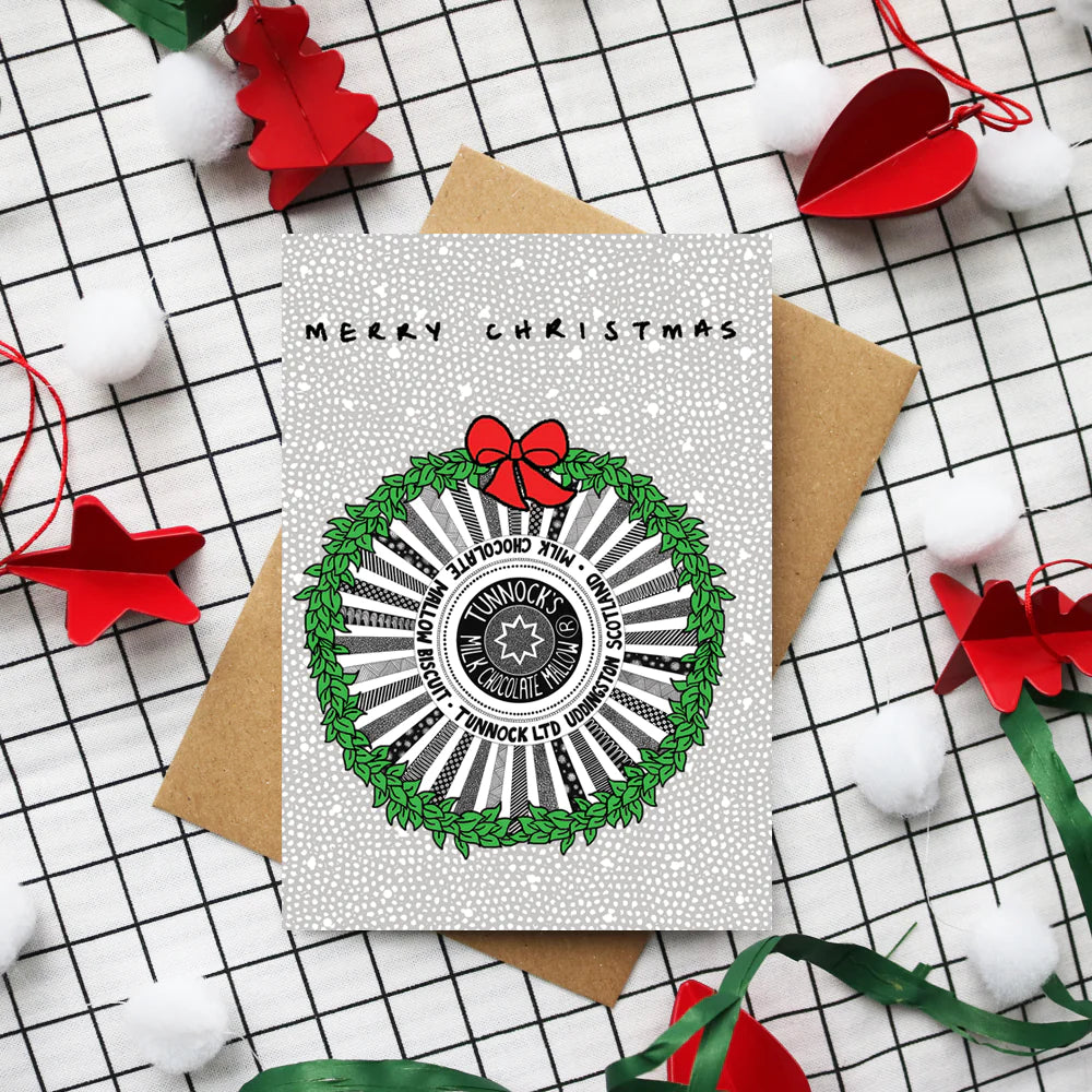 Scottish Tunnocks Teacake Christmas card by Kilo Papa Studio, A6 recyclable card with original pen and ink illustration and Kraft envelope.