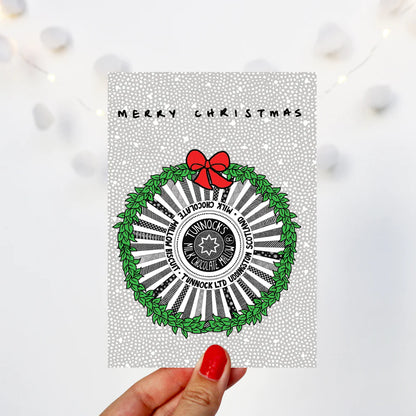 Scottish Tunnocks Teacake Christmas card by Kilo Papa Studio, A6 recyclable card with original pen and ink illustration and Kraft envelope.