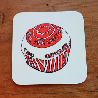 Hardwood coaster with BeeBirds Teacake lino print artwork
