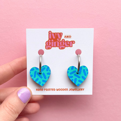 Teal and sky blue heart hoop earrings by Ivy and Ginger hand painted FSC wood jewellery