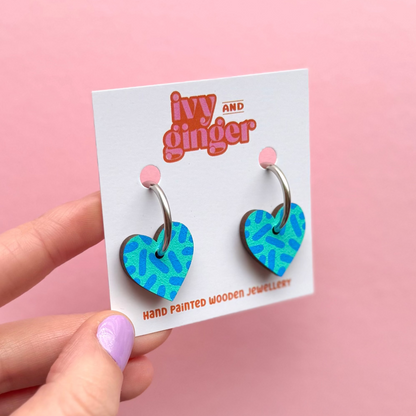 Teal and sky blue heart hoop earrings by Ivy and Ginger hand painted FSC wood jewellery