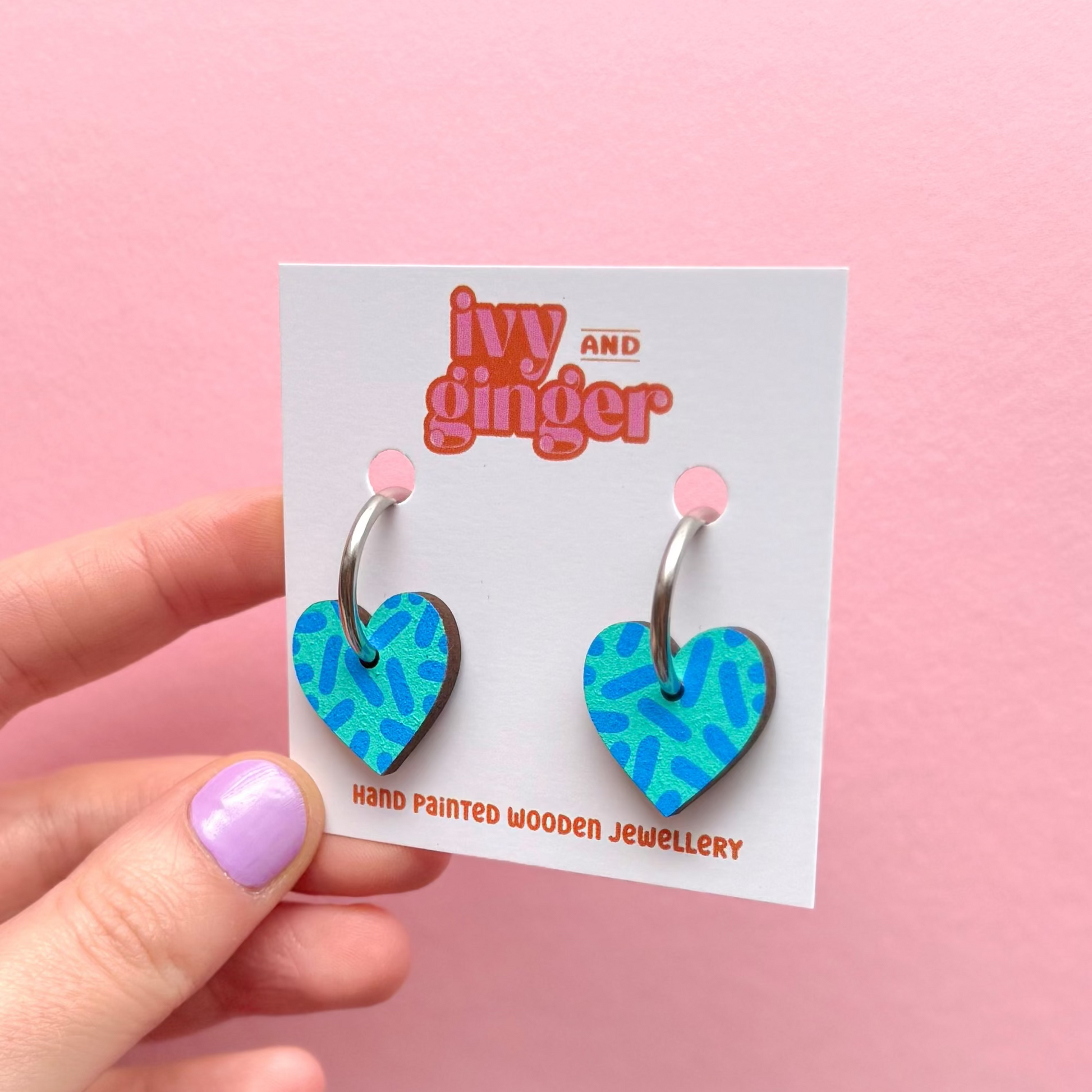 Teal and sky blue heart hoop earrings by Ivy and Ginger hand painted FSC wood jewellery