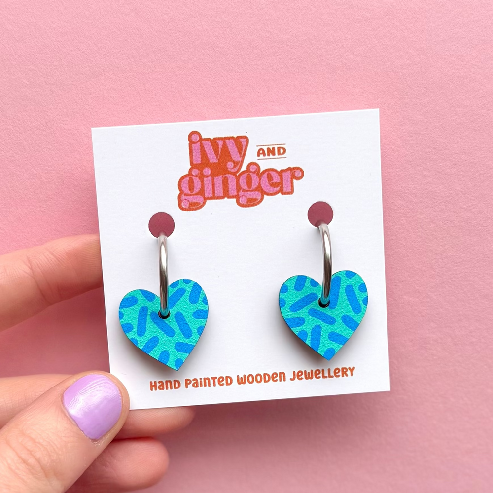 TEAL + BLUE DASH PRINT HEART HOOPS