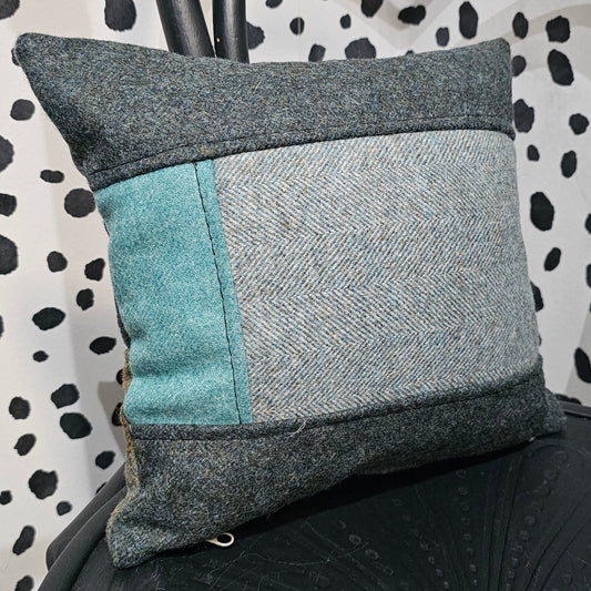 Teal patchwork tweed cushion 30cm Silvera Upholstery feather filled