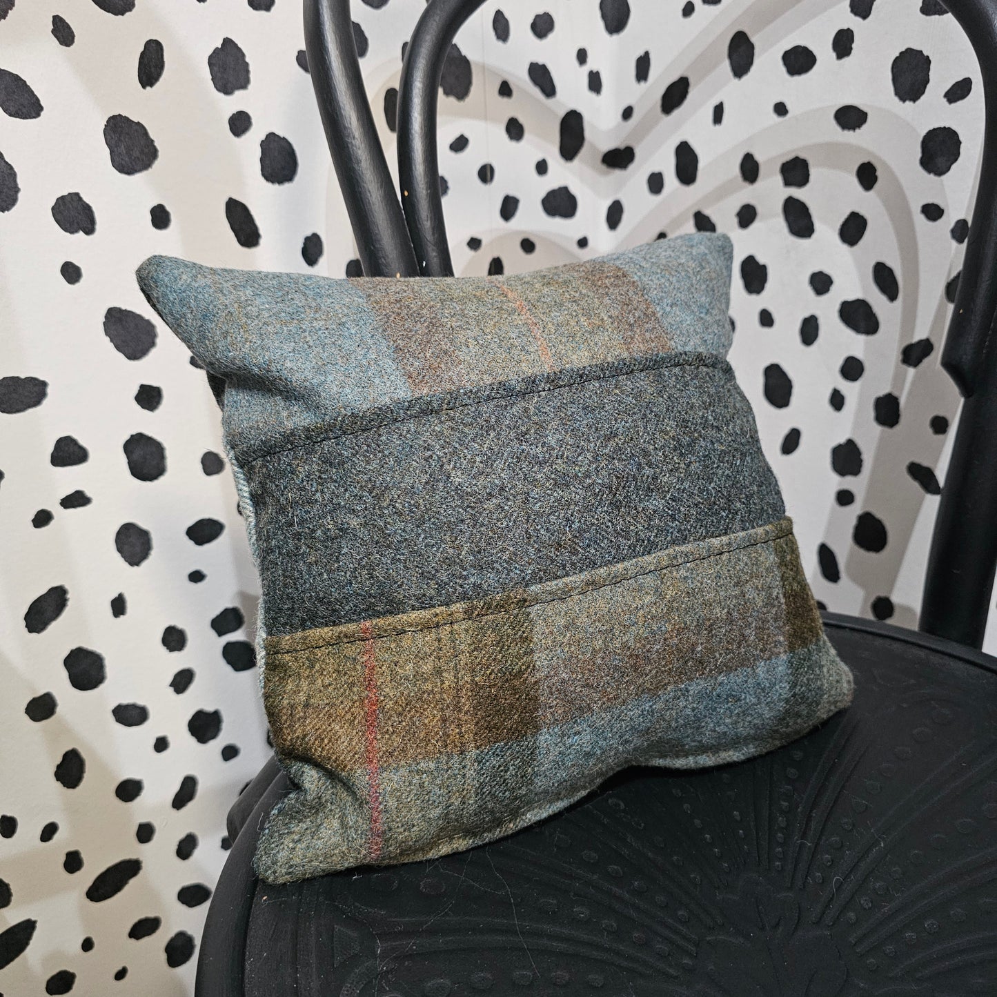 Teal patchwork tweed cushion 30cm Silvera Upholstery feather filled
