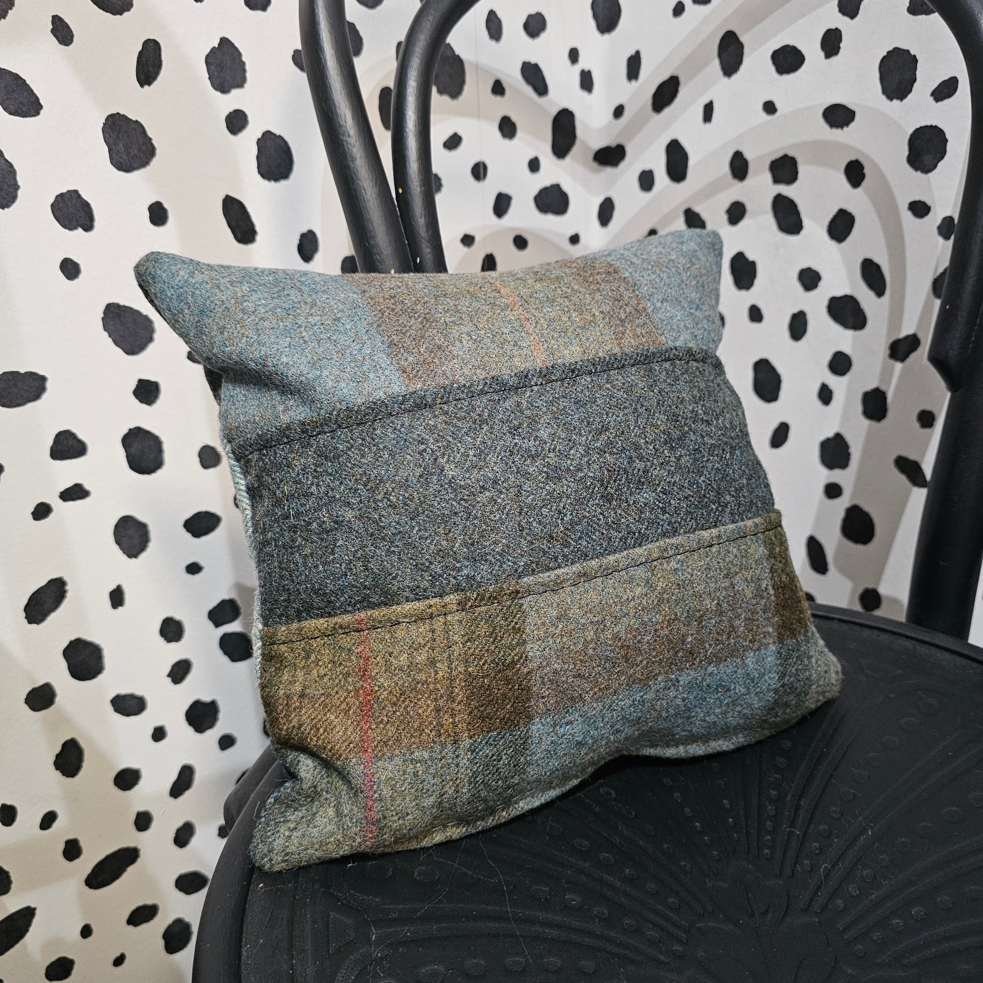 Teal patchwork tweed cushion 30cm Silvera Upholstery feather filled