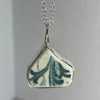 Sterling silver and white/teal sea pottery pendant necklace handmade in Dundee with unique shape 