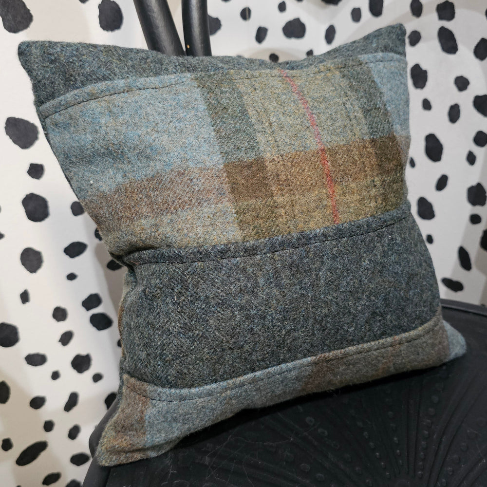 DARK TEAL + TARTAN SMALL SQUARE TWEED CUSHION