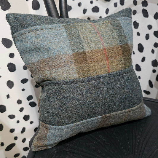 Dark teal and McLeod tartan cushion Silvera Upholstery feather filled