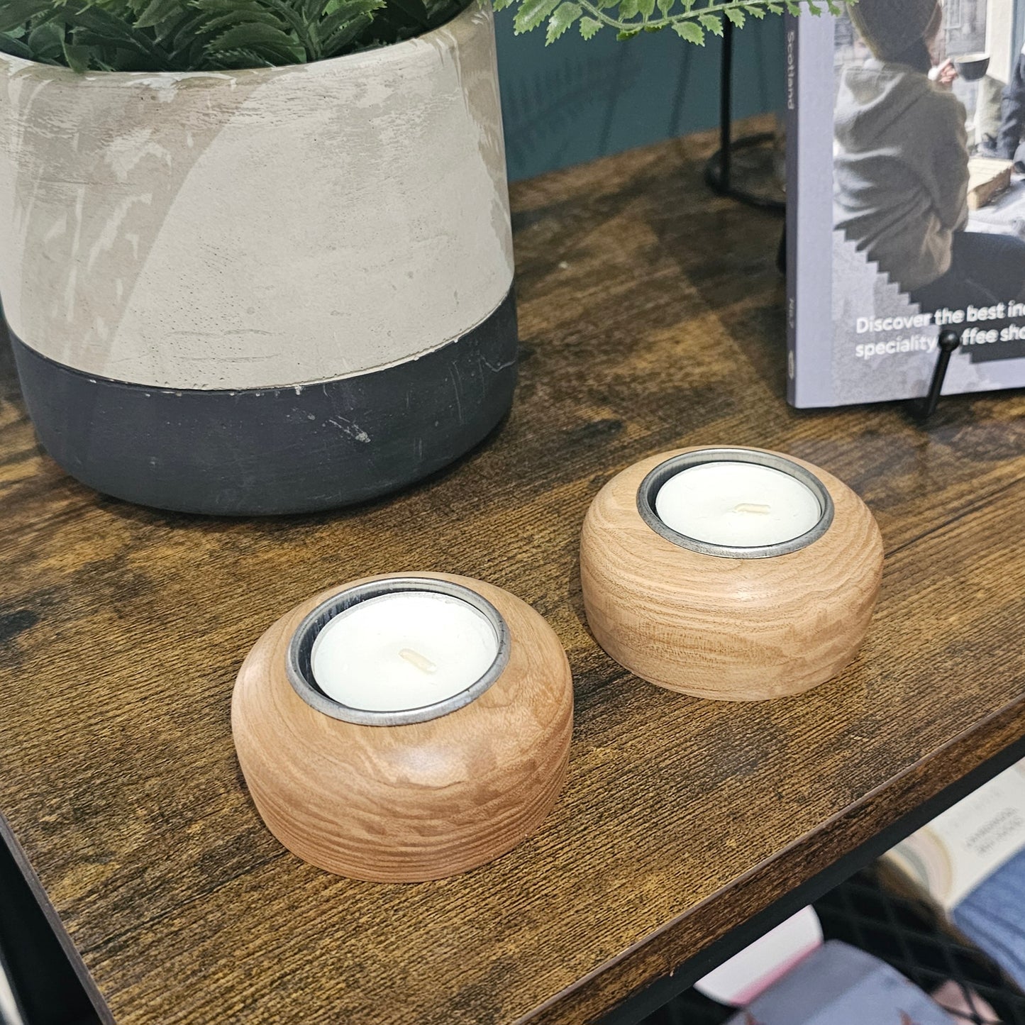 Wooden tealight holders with silver centres handmade in Carnoustie