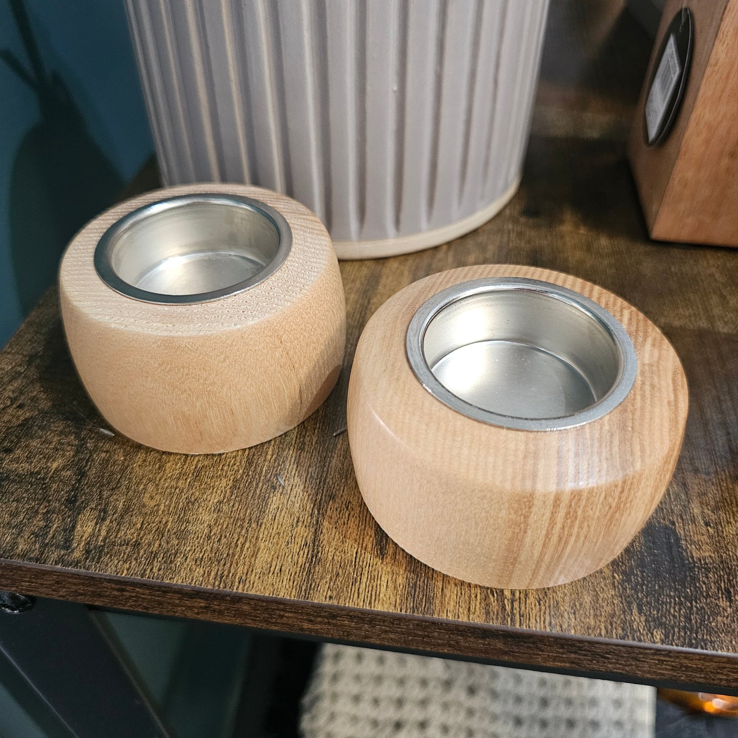 Wooden tealight holders with silver centres handmade in Carnoustie