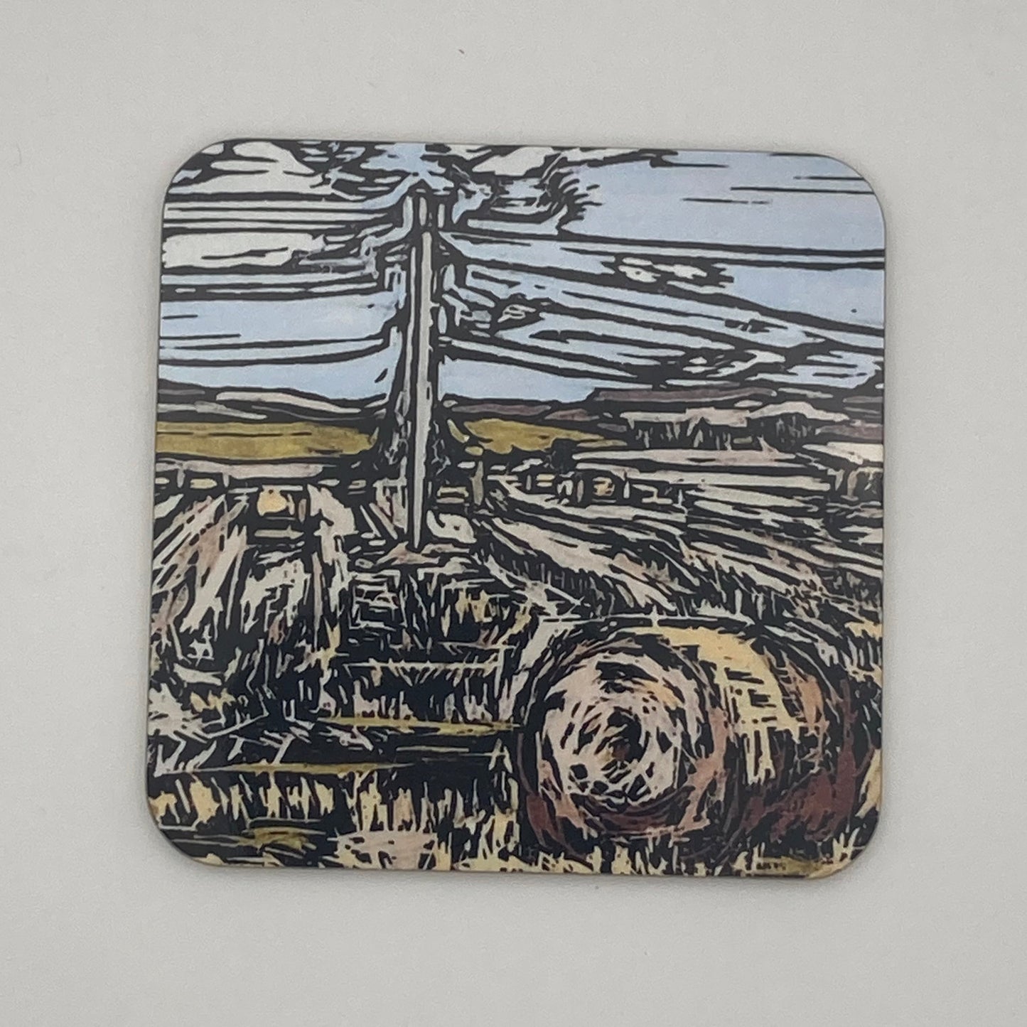 Hardwood coaster with BeeBirds Tealing, The Sidlaws lino print artwork