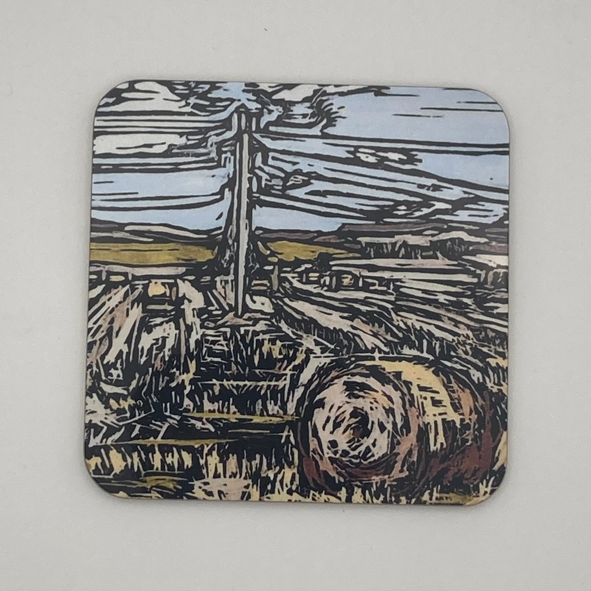 Hardwood coaster with BeeBirds Tealing, The Sidlaws lino print artwork