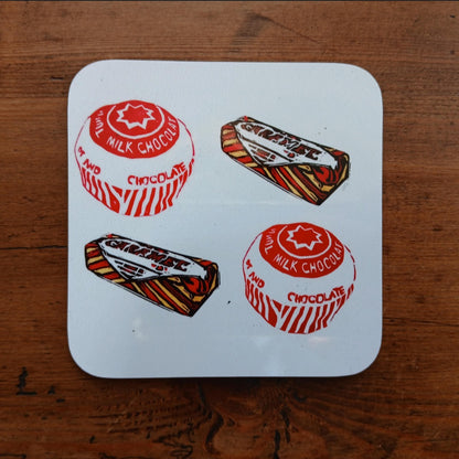 Hardwood coaster with BeeBirds Teatime lino print artwork