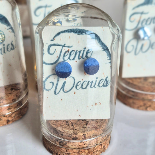 Sefara Jewellery Teenie Weenie Coastal Stud Earrings featuring miniature seascape designs with gold or silver leaf detailing, presented in glass cloche domes with cork stoppers.