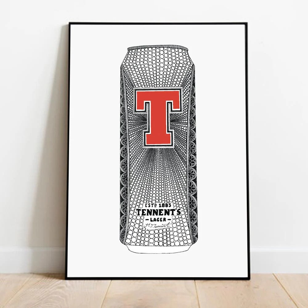 Monochrome and red Tennents can A4 art print by Kilo Papa Studio, signed and unframed, reproduced from detailed hand-drawn original artwork.