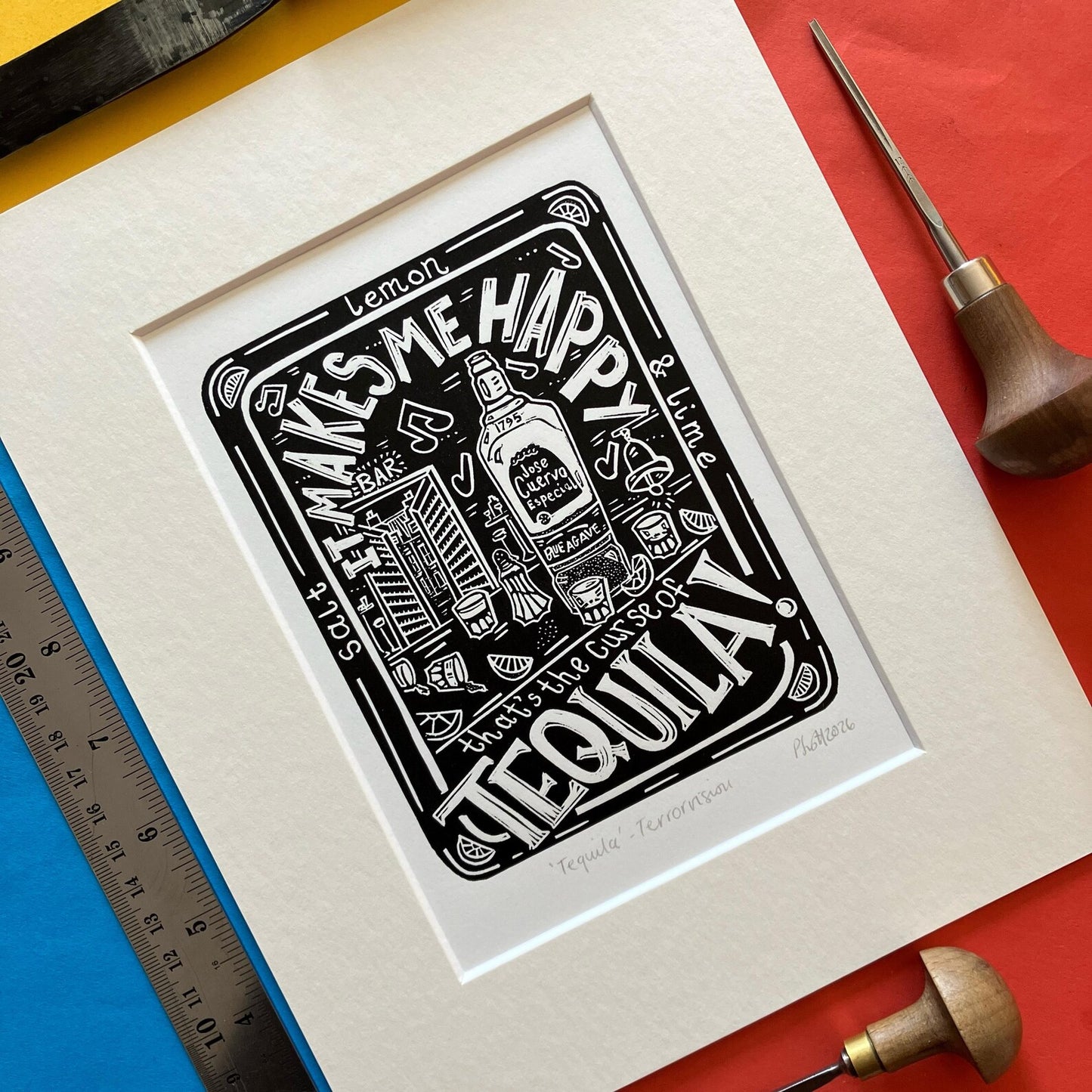 Tequila by Terrorvision Black and White Lino Print on a colourful background