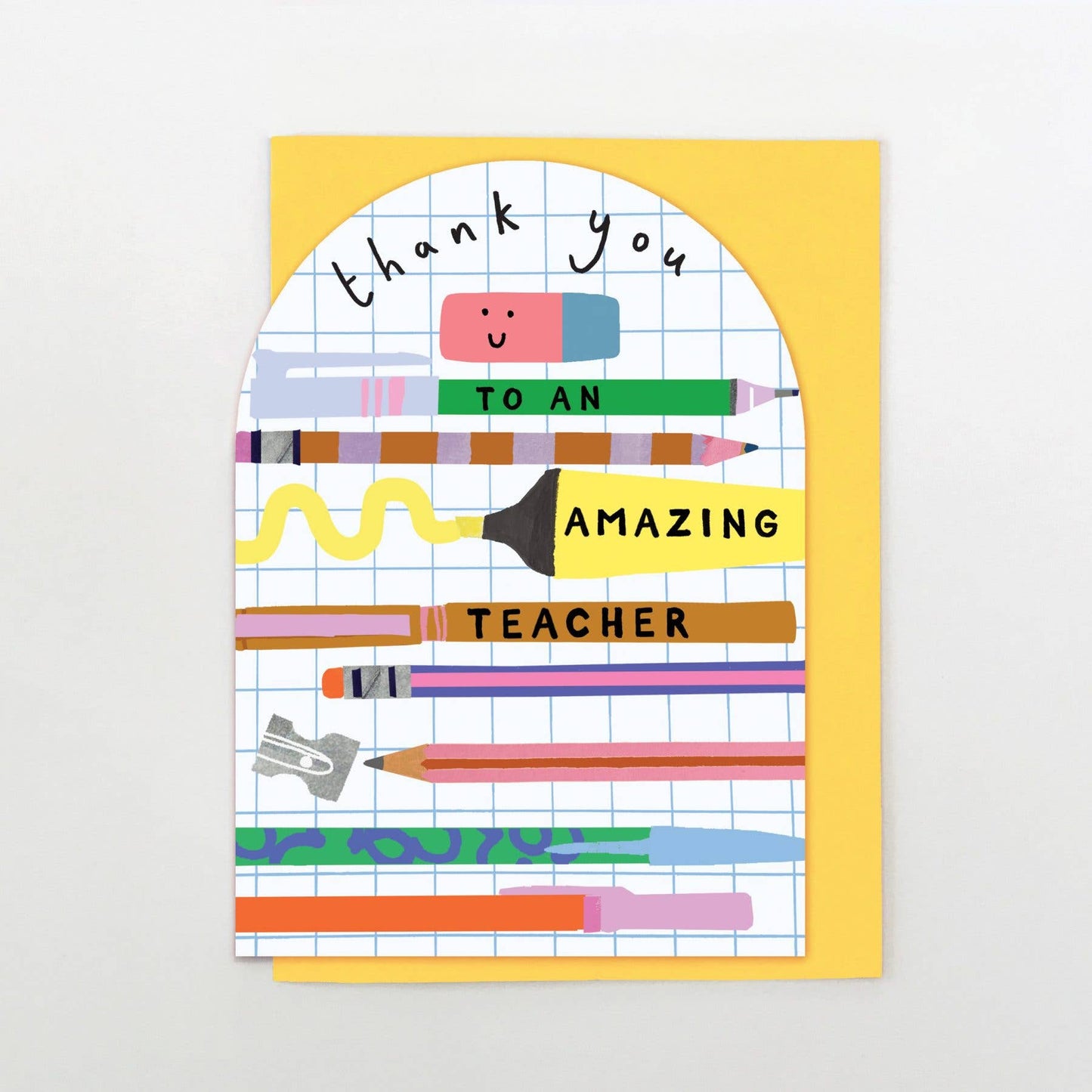 Greeting card with colourful stationery items and 'Thank you to an amazing teacher' text with yellow envelope.