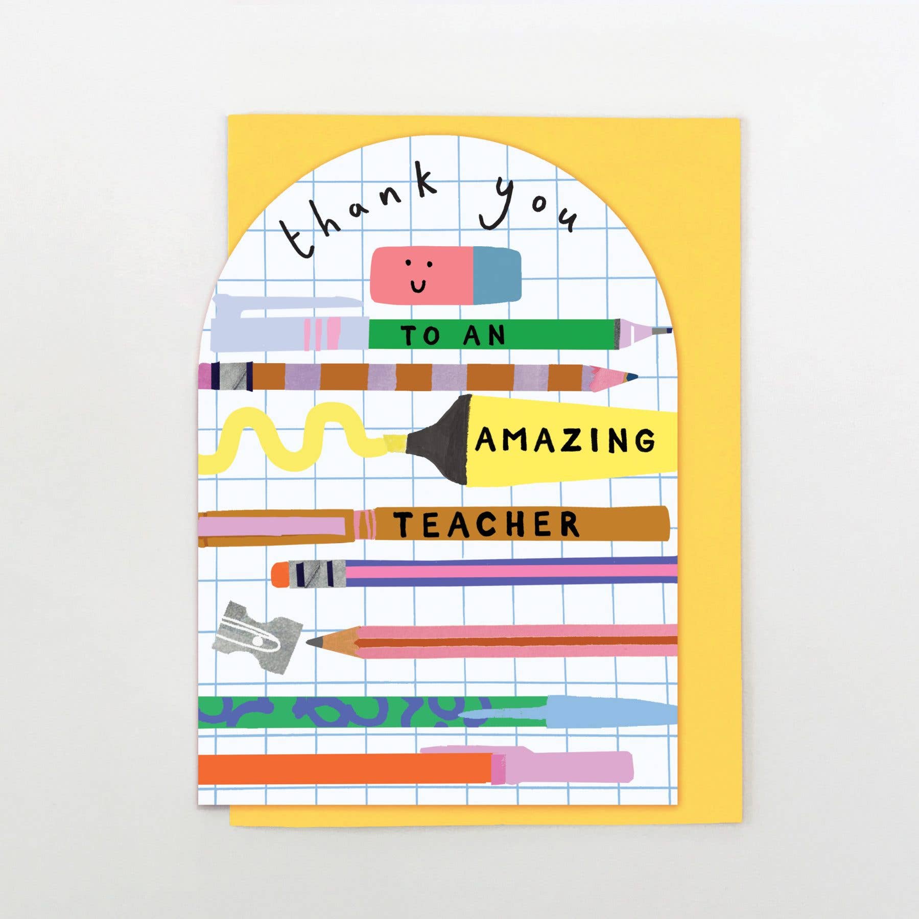 Greeting card with colourful stationery items and 'Thank you to an amazing teacher' text with yellow envelope.