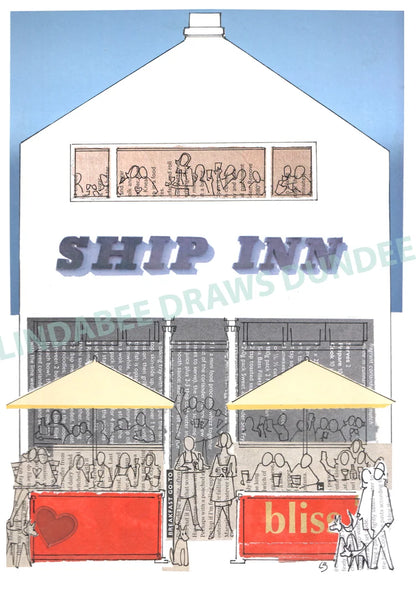 The Ship Inn art print by Lindabee Draws Dundee featuring the iconic Broughty Ferry waterfront landmark