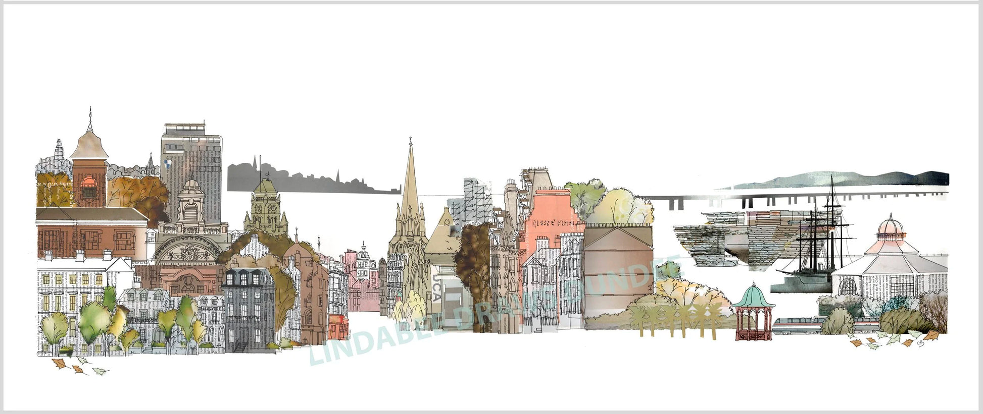 The University on the Tay panoramic print by Lindabee Draws Dundee featuring Dundee skyline and Tay Road Bridge