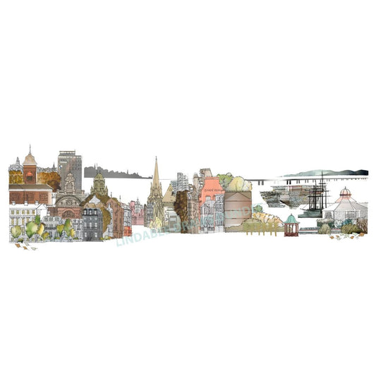 The University on the Tay panoramic print by Lindabee Draws Dundee featuring Dundee skyline and Tay Road Bridge