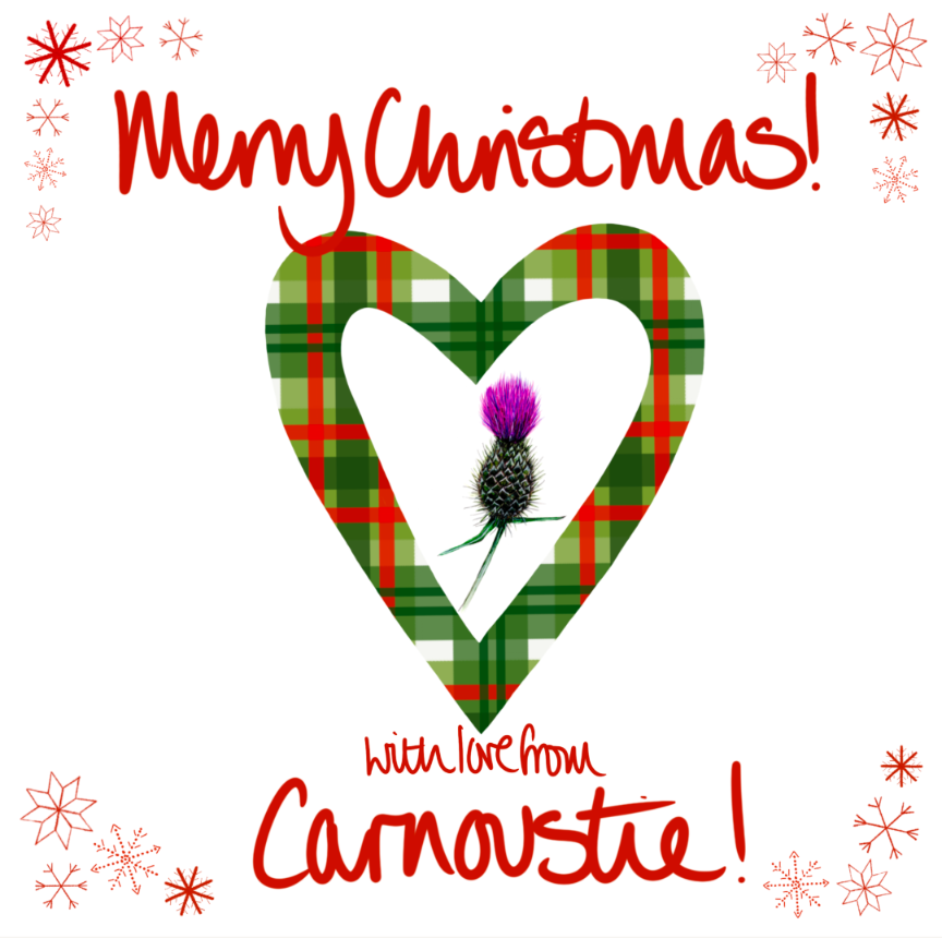 Merry Christmas with love from Carnoustie card with a thistle inside a heart-shaped tartan design, surrounded by snowflakes.
