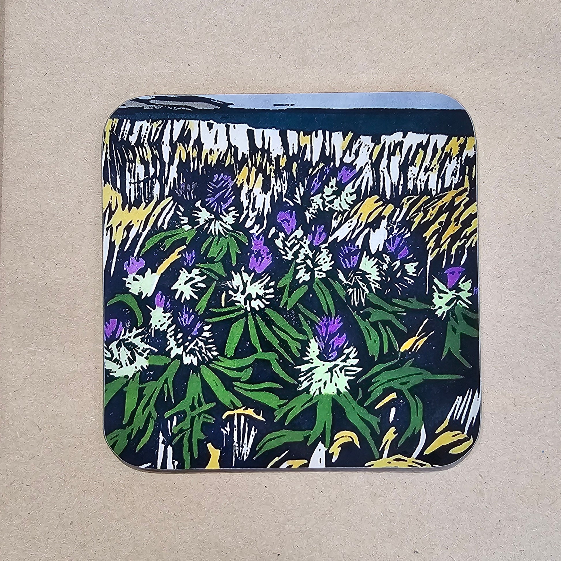 Hardwood coaster with BeeBirds Thistles on Westray lino print artwork