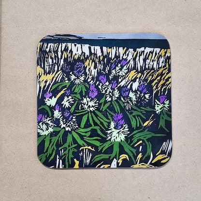 Hardwood coaster with BeeBirds Thistles on Westray lino print artwork