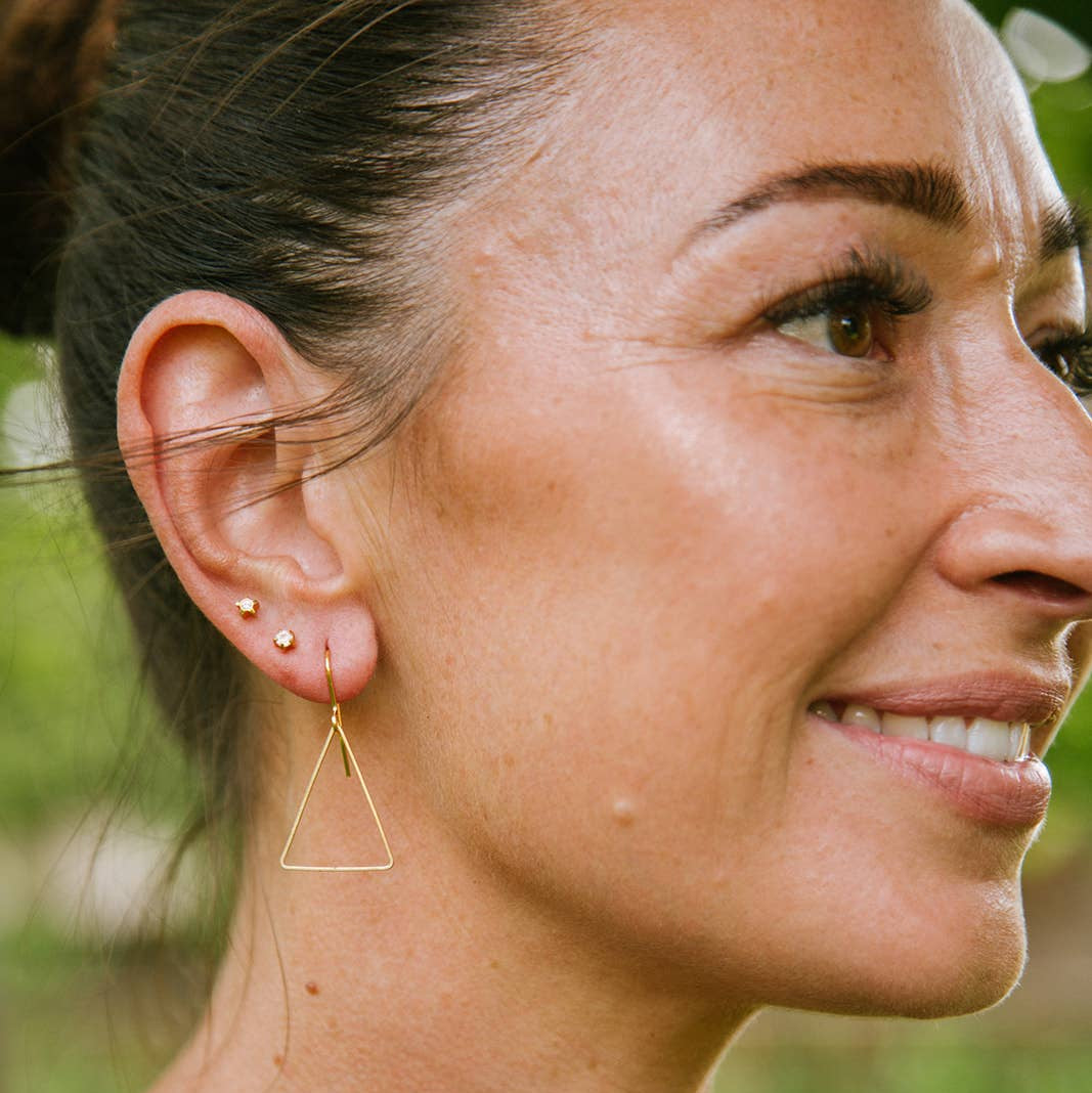 Copper Bee Simplicity Collection open brass triangle geometric earrings with gold-plated hooks