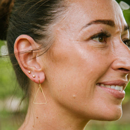 Copper Bee Simplicity Collection open brass triangle geometric earrings with gold-plated hooks