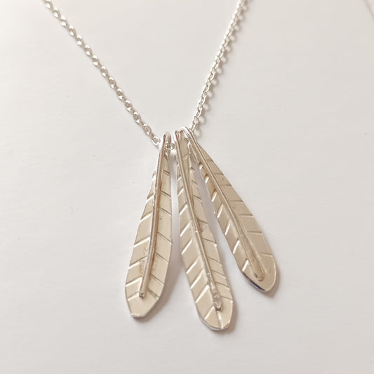 Sterling silver triple feather necklace by Diana King handmade in Perthshire