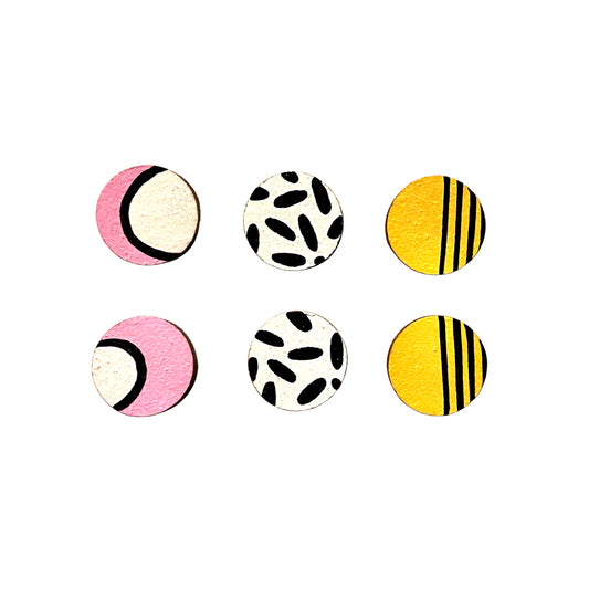 Mini tropical stud earrings by Ivy and Ginger pink white and apricot yellow hand painted jewellery