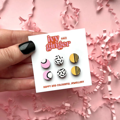 Mini tropical stud earrings by Ivy and Ginger pink white and apricot yellow hand painted jewellery