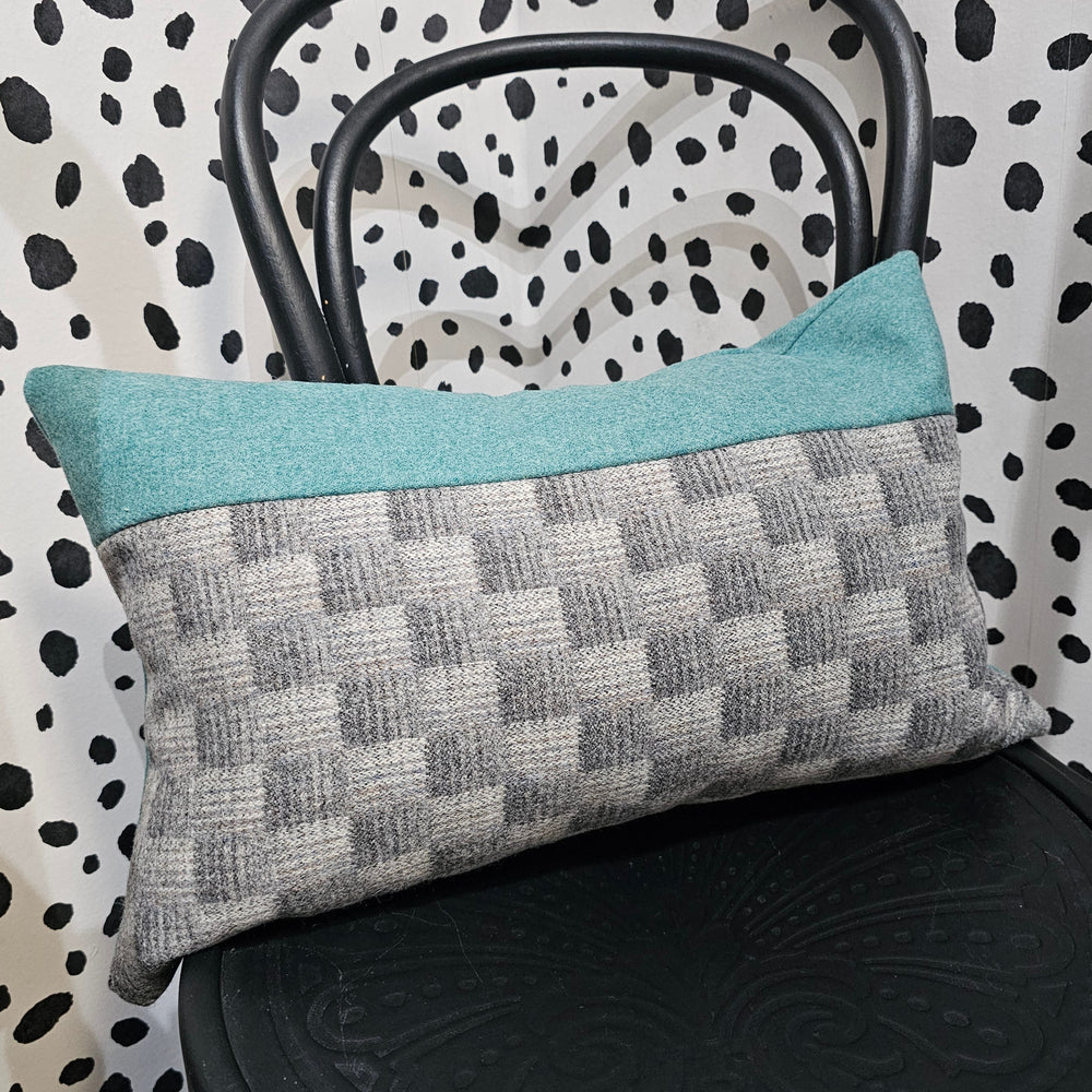 TURQUOISE + GREY CHECK TWEED LONG CUSHION