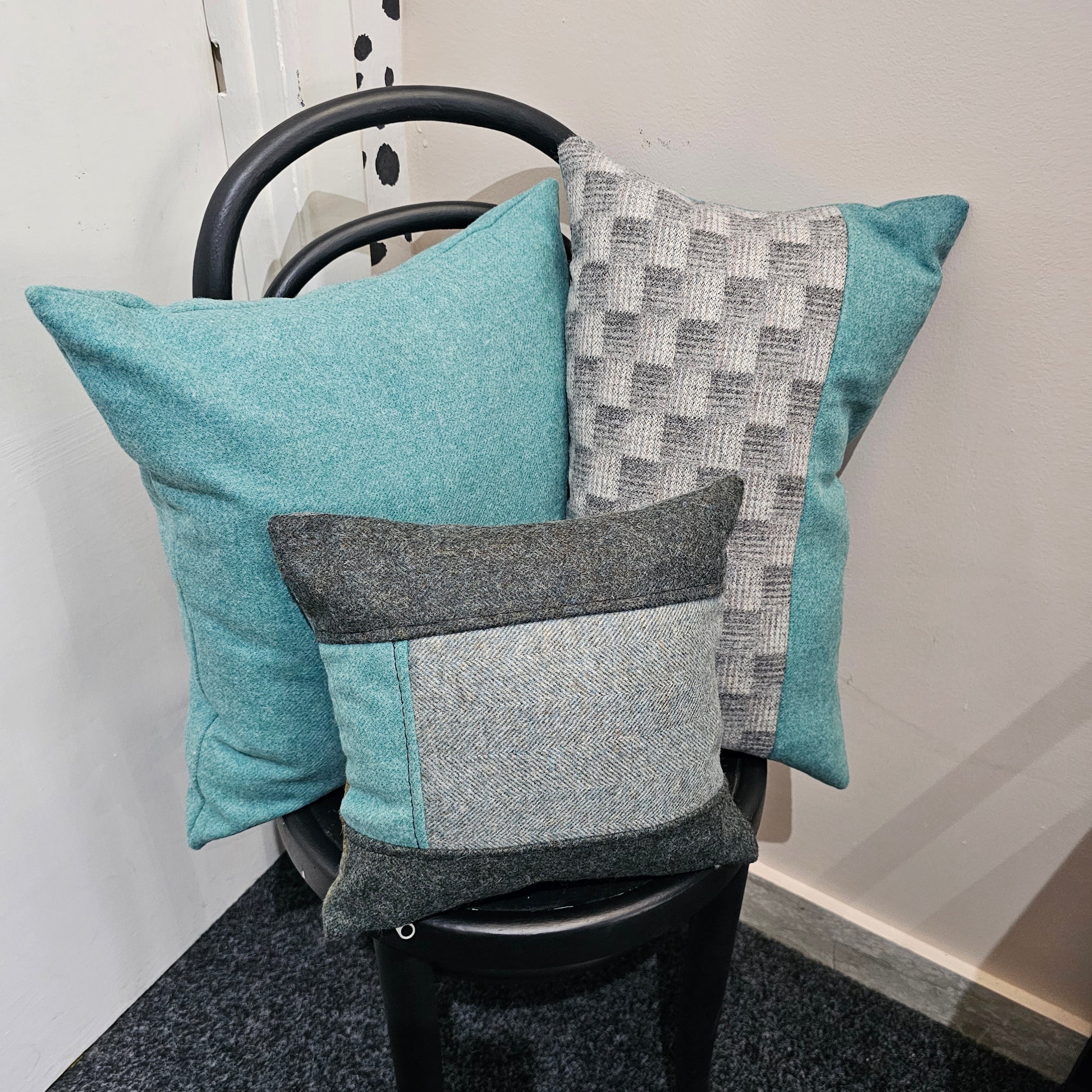 Collection of Turquoise tweed cushions from Silvera Upholstery feather filled